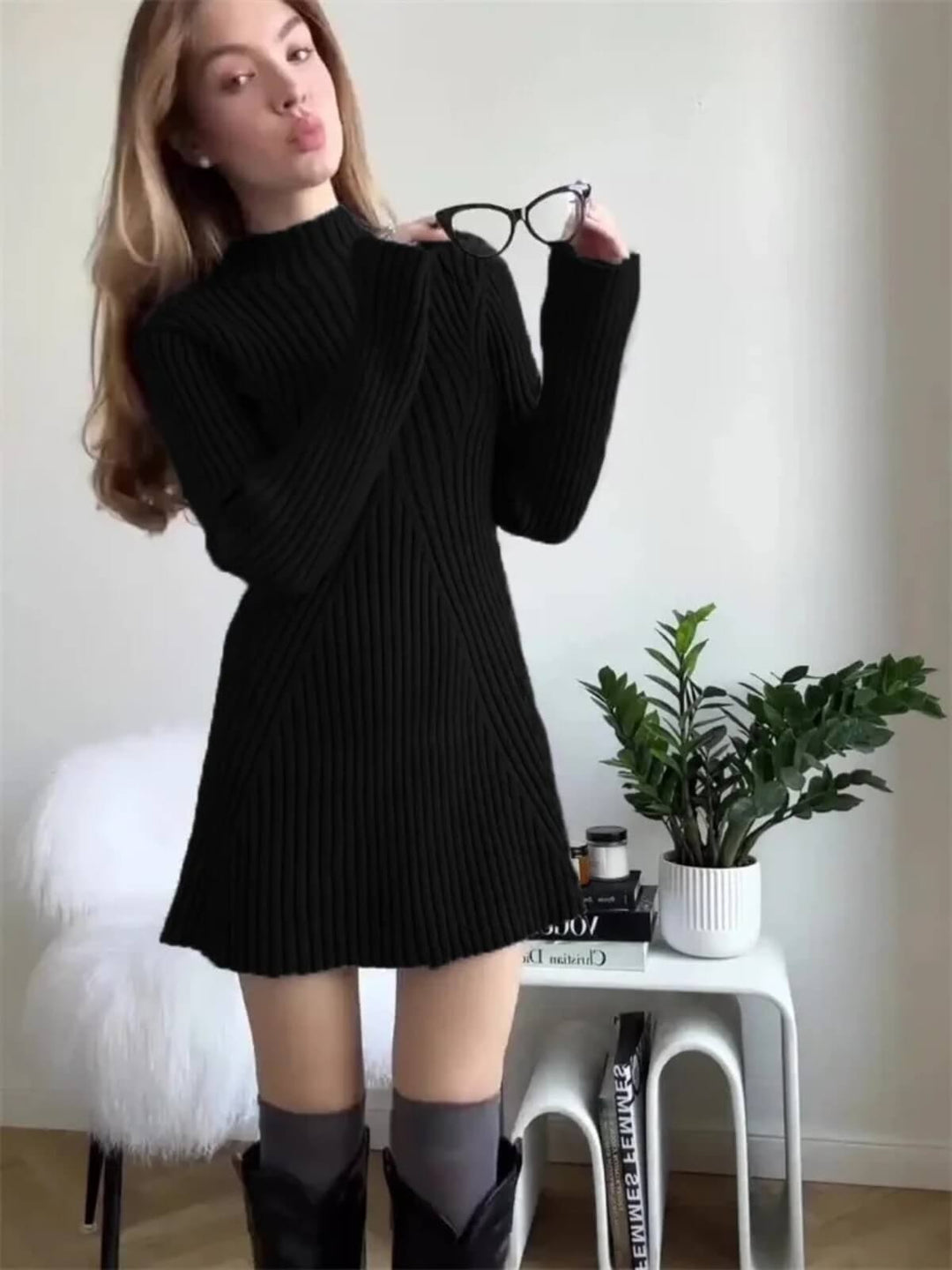 Women's Ribbed Slim Long Sleeve Mini Dress