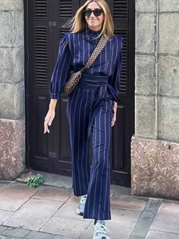 Vintage Striped Long Sleeves Wide-Leg Jumpsuit