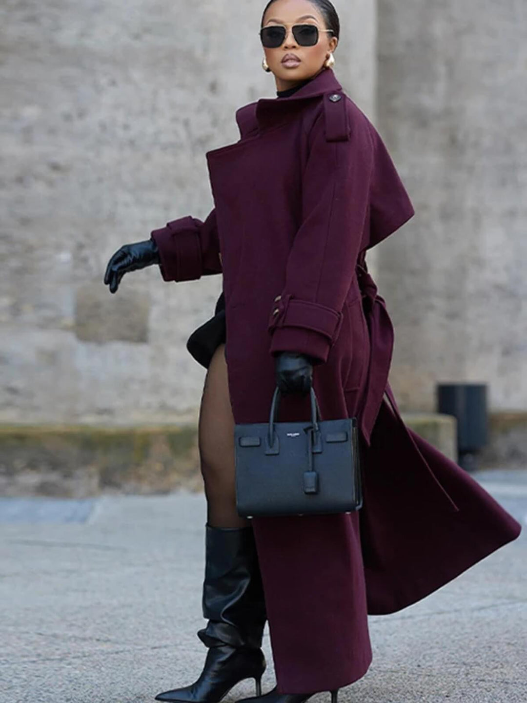 Vintage Double-Breasted Coat with Belt & Turn-Down Collar
