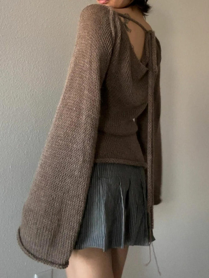 Casual Long Sleeve Boat Neck Tie Back Sweaters