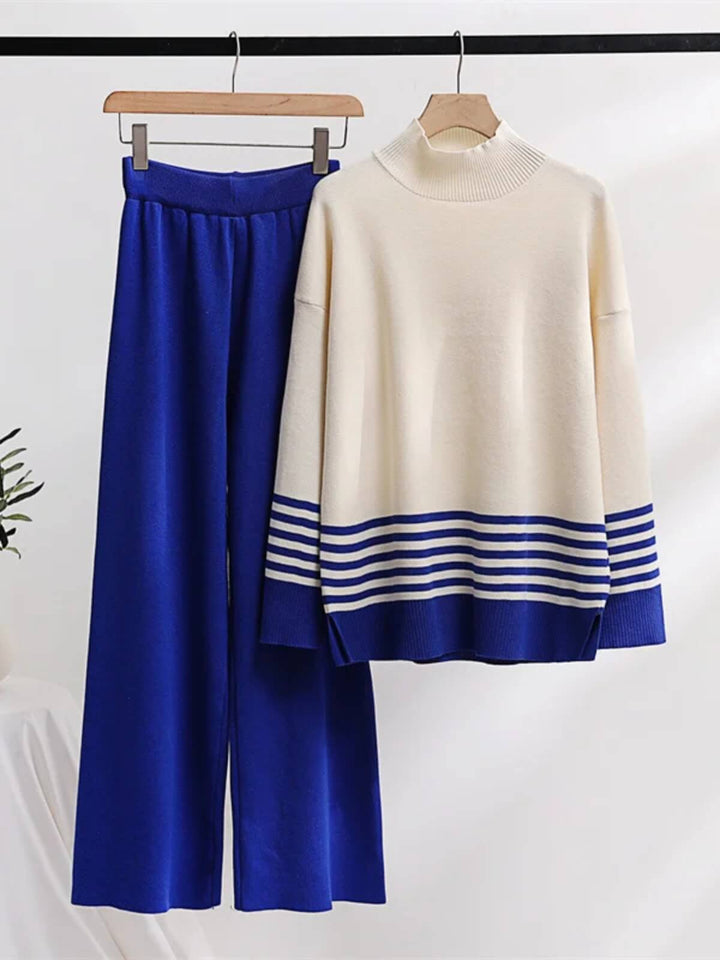 Casual Two-Piece Knitted Suit Striped Sweater Matching Knit Pants Set
