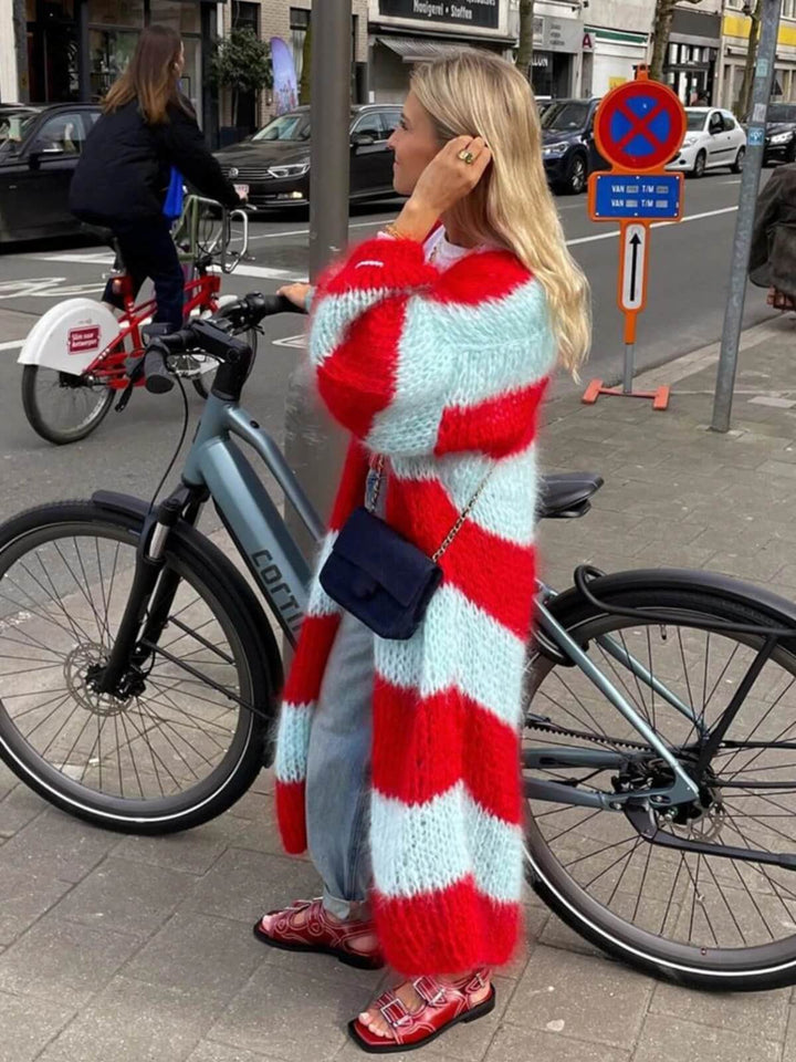 Fashion Oversized Long Stripe Lantern Sleeve Cardigan