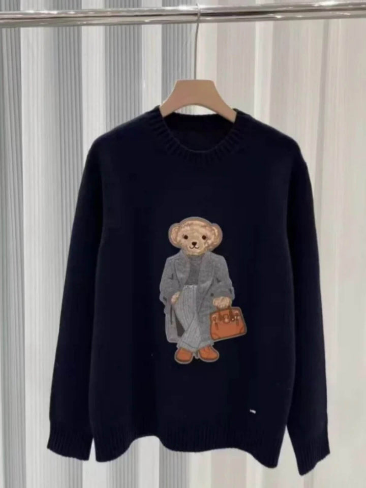 Women's Pullover Loose Fit O-Neck Bear Sweater