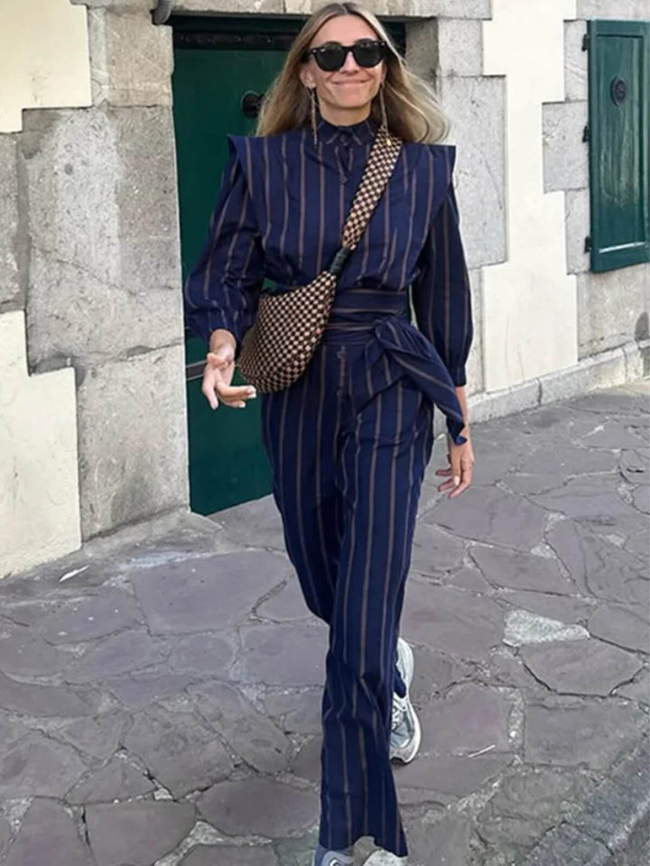 Vintage Striped Long Sleeves Wide-Leg Jumpsuit