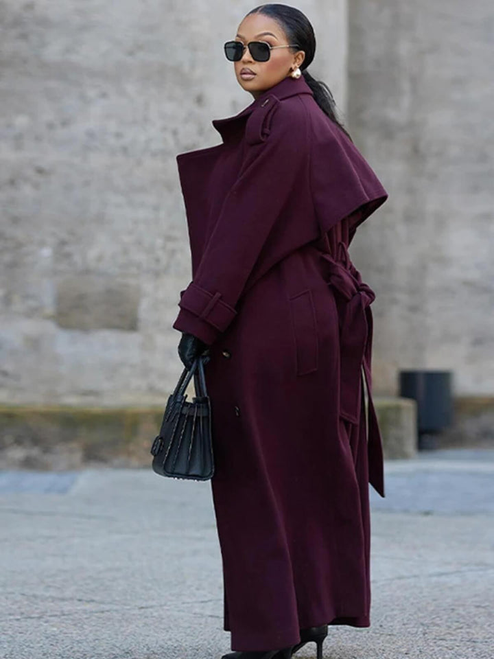 Vintage Double-Breasted Coat with Belt & Turn-Down Collar