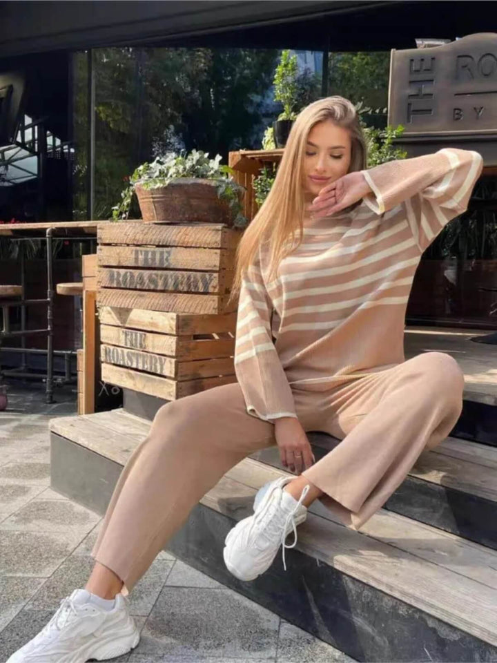 Casual Knitted Stripe Style High Collar Sweater With Loose Pants Set