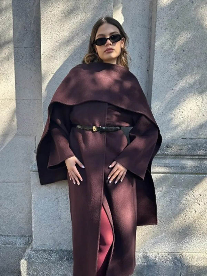 Elegant Scarf Collar Lace-Up Design And Loose Fit Long Coat