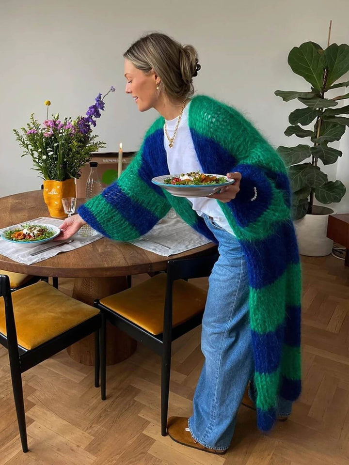 Fashion Oversized Long Stripe Lantern Sleeve Cardigan