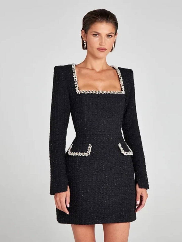 Women's Nail Bead Detail Square Collar Long Sleeves Slim Fit Mini Dress