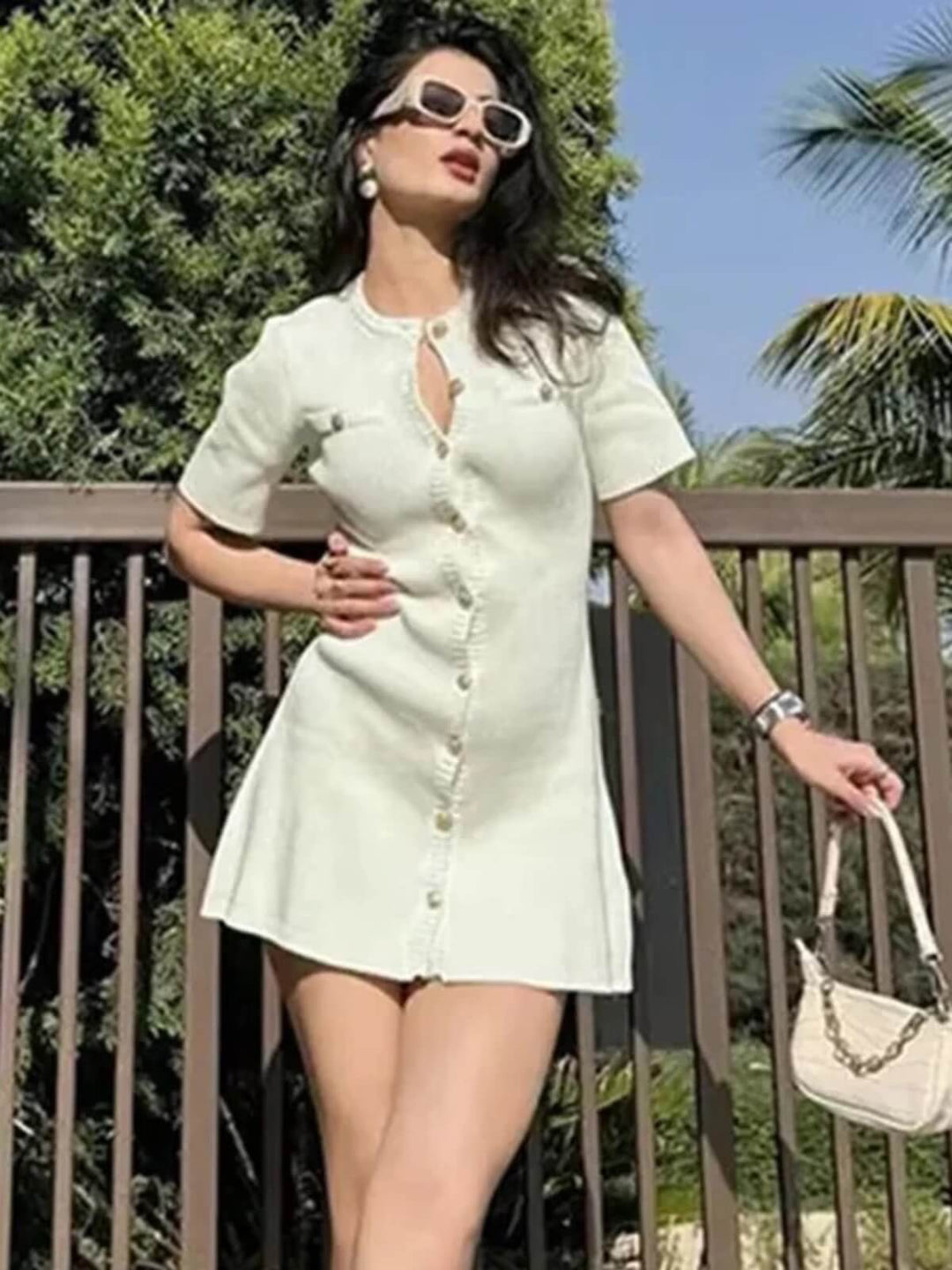 Elegant Metal Button Sexy Slim Mini Dress