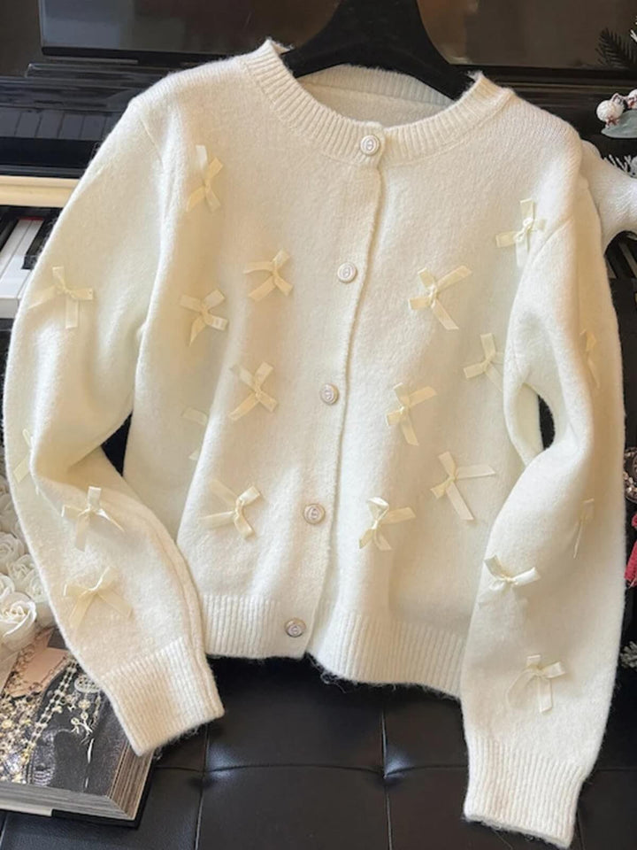 Beautiful Bows O-Neck Cropped Knitted Cardigan