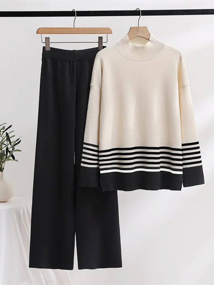 Casual Two-Piece Knitted Suit Striped Sweater Matching Knit Pants Set