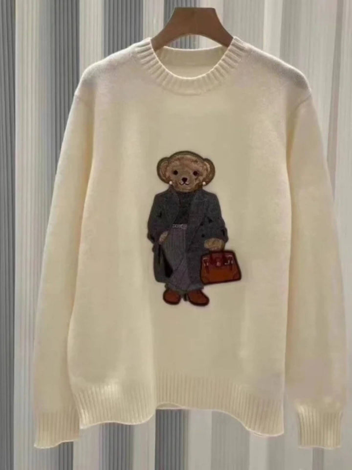 Women's Pullover Loose Fit O-Neck Bear Sweater