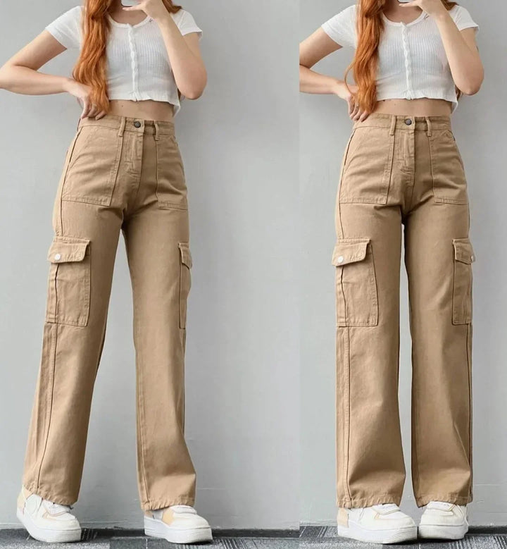 Slim Fit Wide Leg Pockets Mid Waist Pants