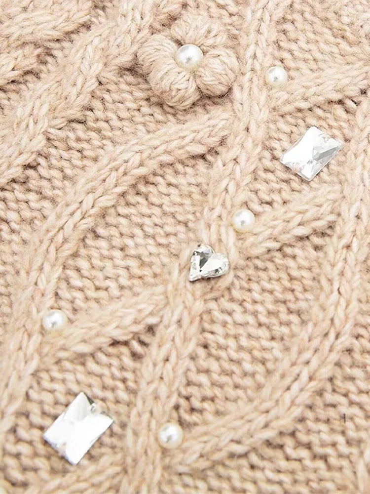 Elegant Loose Rhinestone O-neck Long Sleeve Sweater