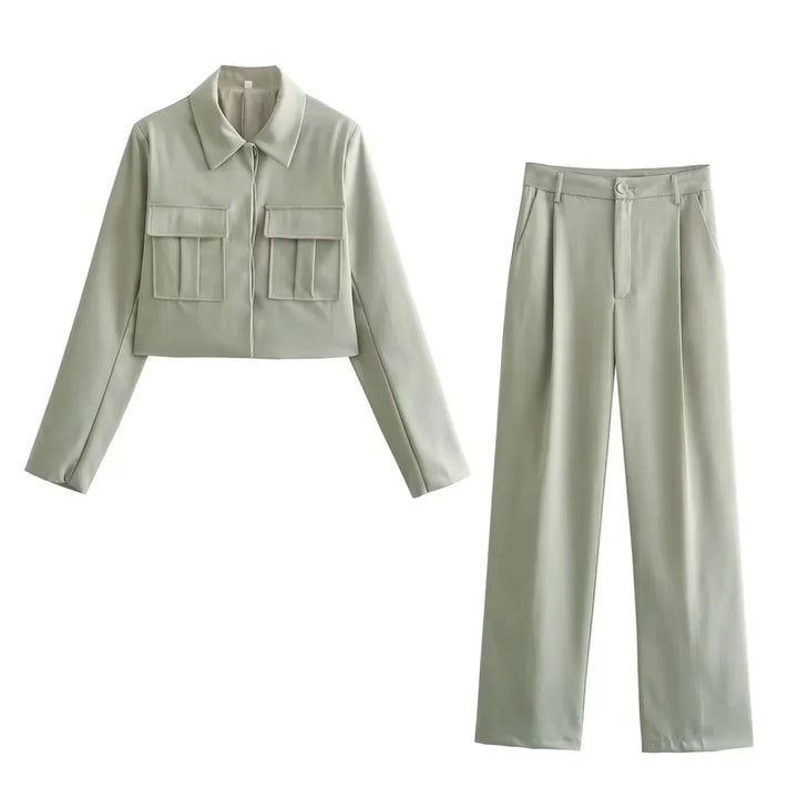 Fashionable Turn-down Collar Crop Jacket And Chic Wide Leg Pants