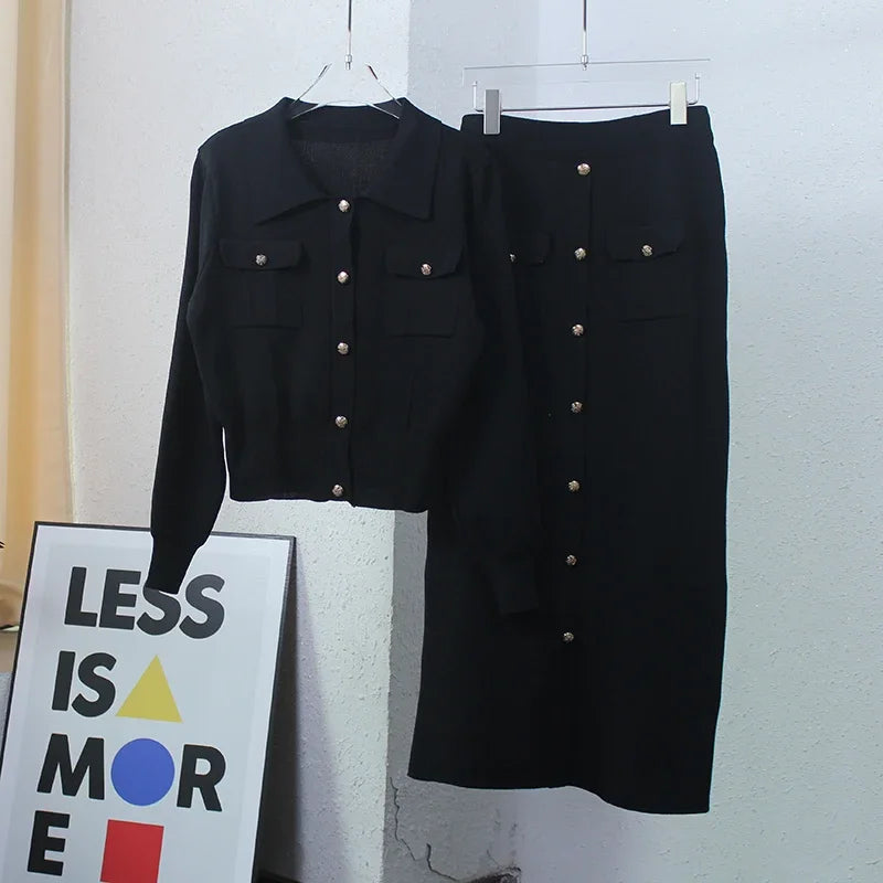 Elegant Two-Piece Matching Knit Blazer Skirt